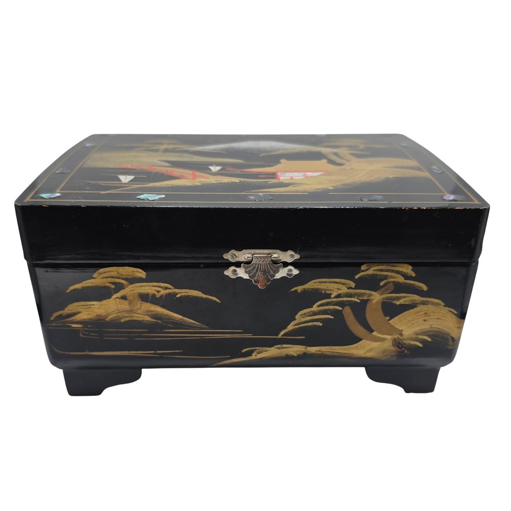 Vintage Japanese Lacquer Music Jewelry Box Mount Fuji Abalone Inlay Black Gold